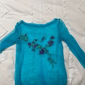 Sarah Mclachlan Vintage Sheer Blue Top with Floral Embroidery